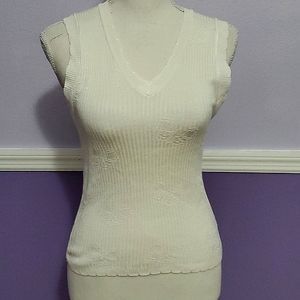 Preppy Academia White Ribbed Knit Floral Vest Sweater Top